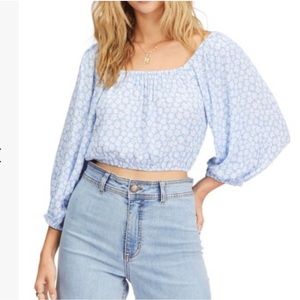 NWOT Billabong Shirt Sun City Puff Sleeve Blue Crop Top